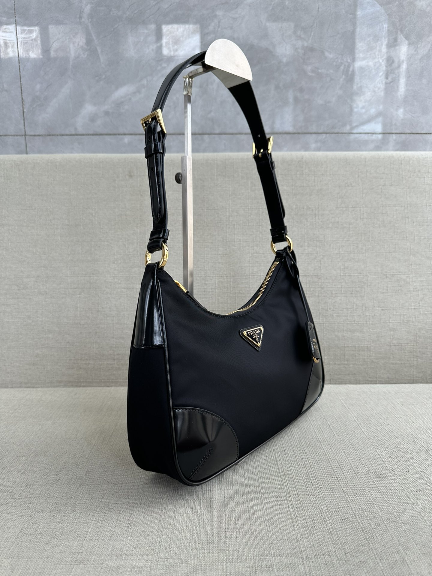 PRADA Re-Edition 2002 Re-Nylon and brushed leather shoulder bag Black/Gold Hardware