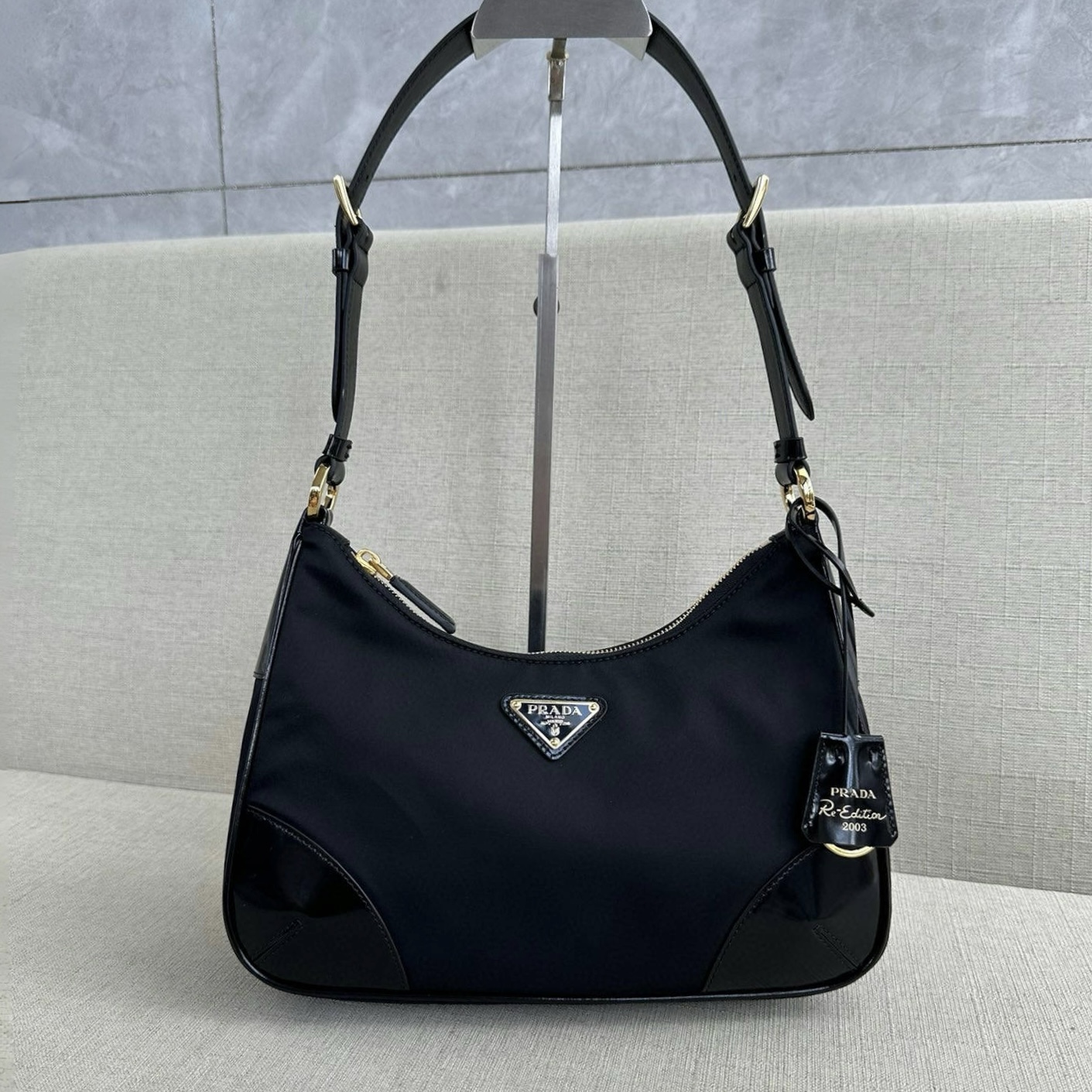 PRADA Re-Edition 2002 Re-Nylon and brushed leather shoulder bag Black/Gold Hardware