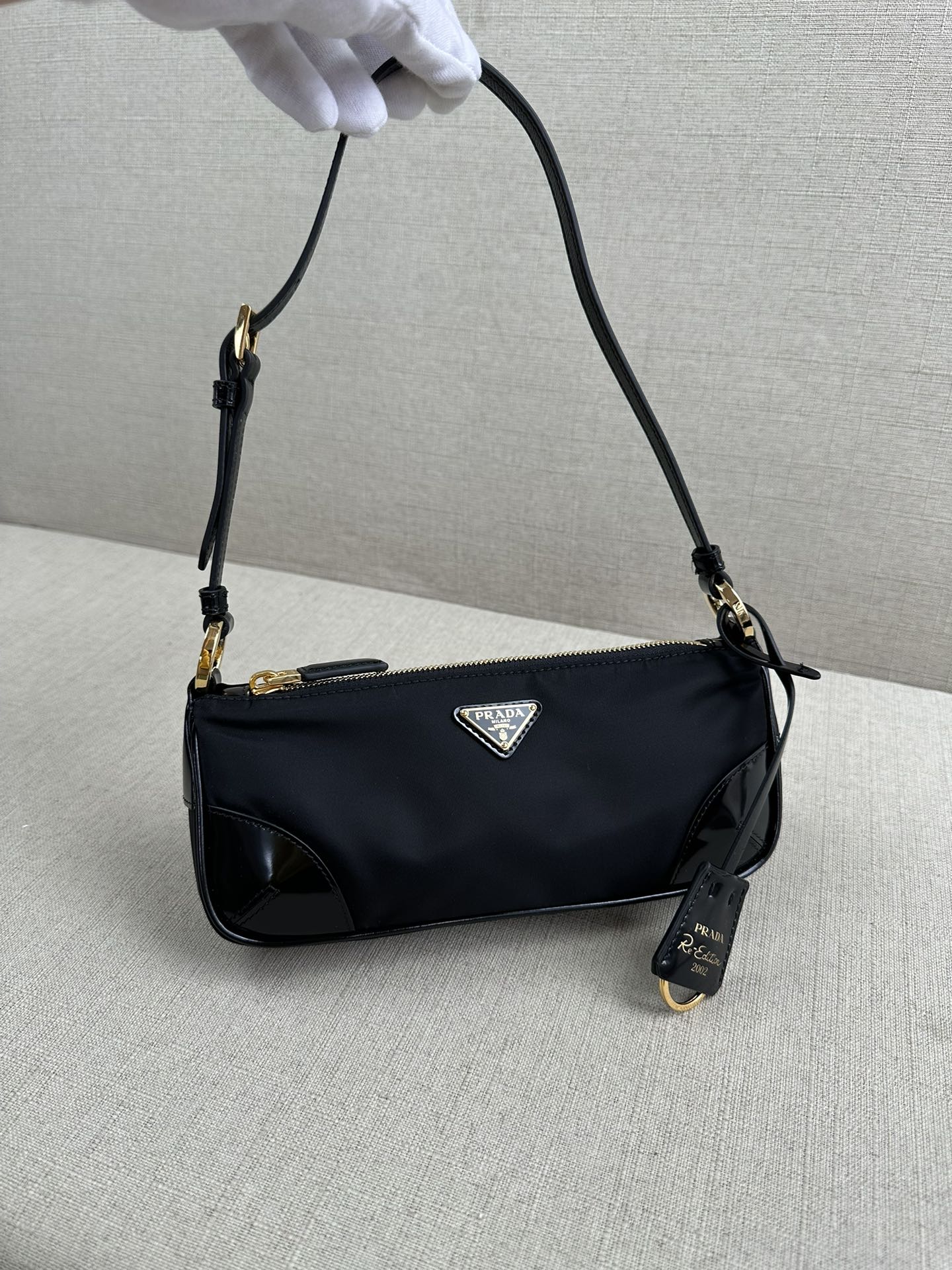 PRADA Re-Edition 2002 Re-Nylon and brushed leather shoulder bag Black/Gold Hardware