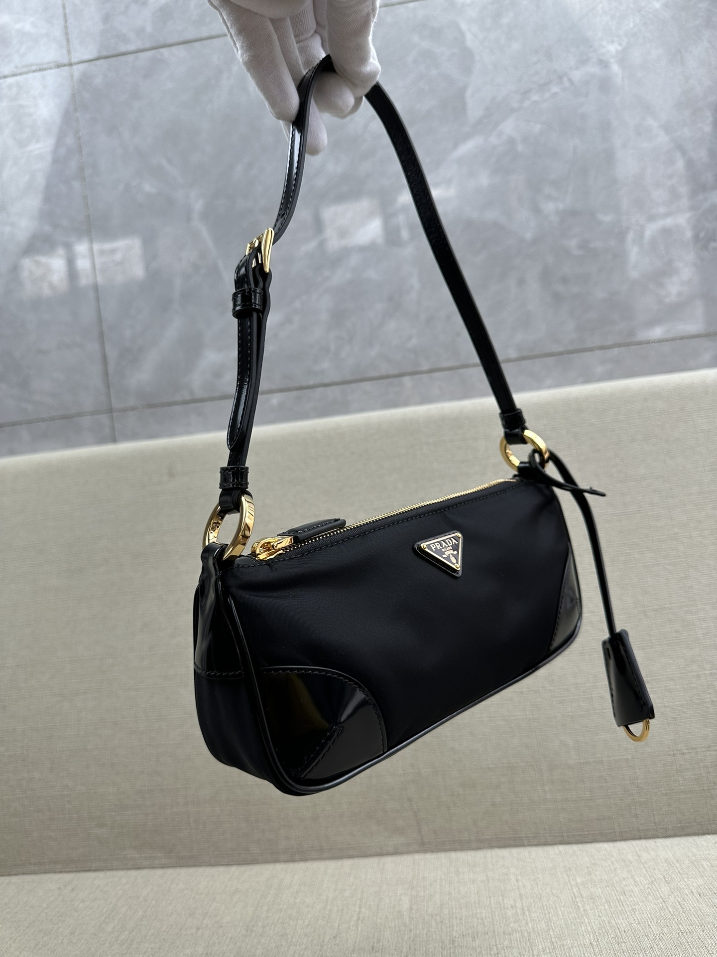 PRADA Re-Edition 2002 Re-Nylon and brushed leather shoulder bag Black/Gold Hardware