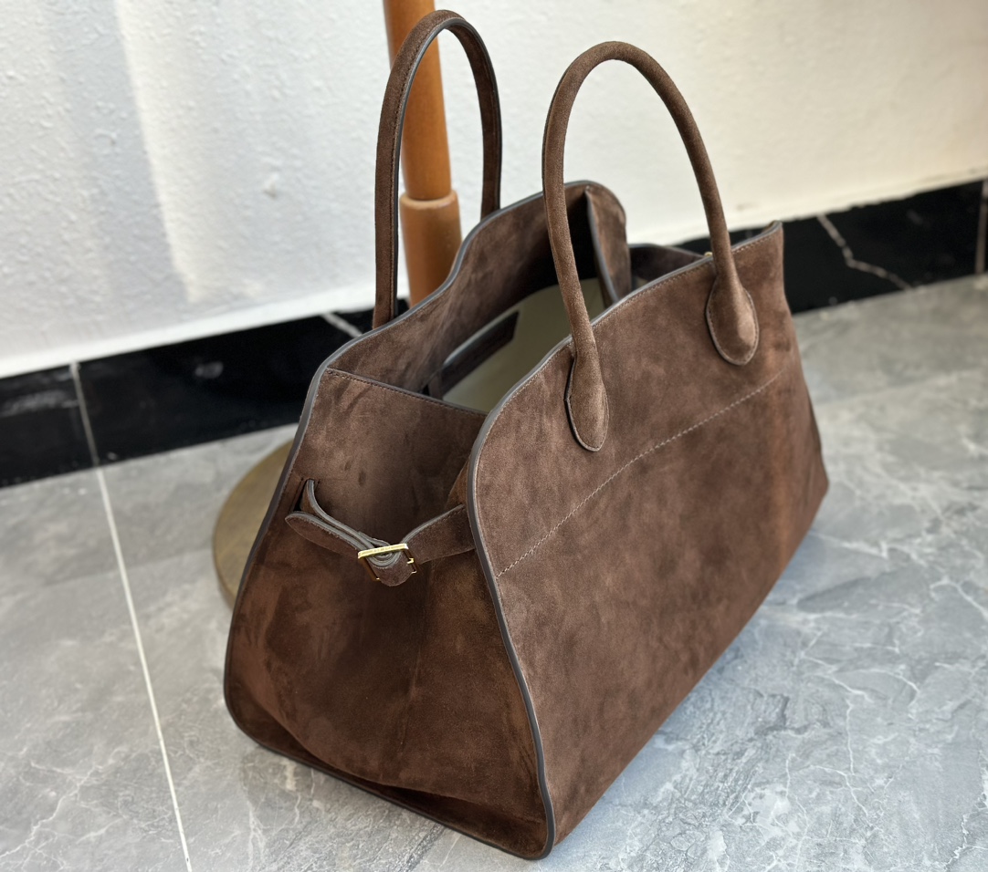 THE ROW Soft Margaux 15 Bag in Suede Mocha/Gold Hardware