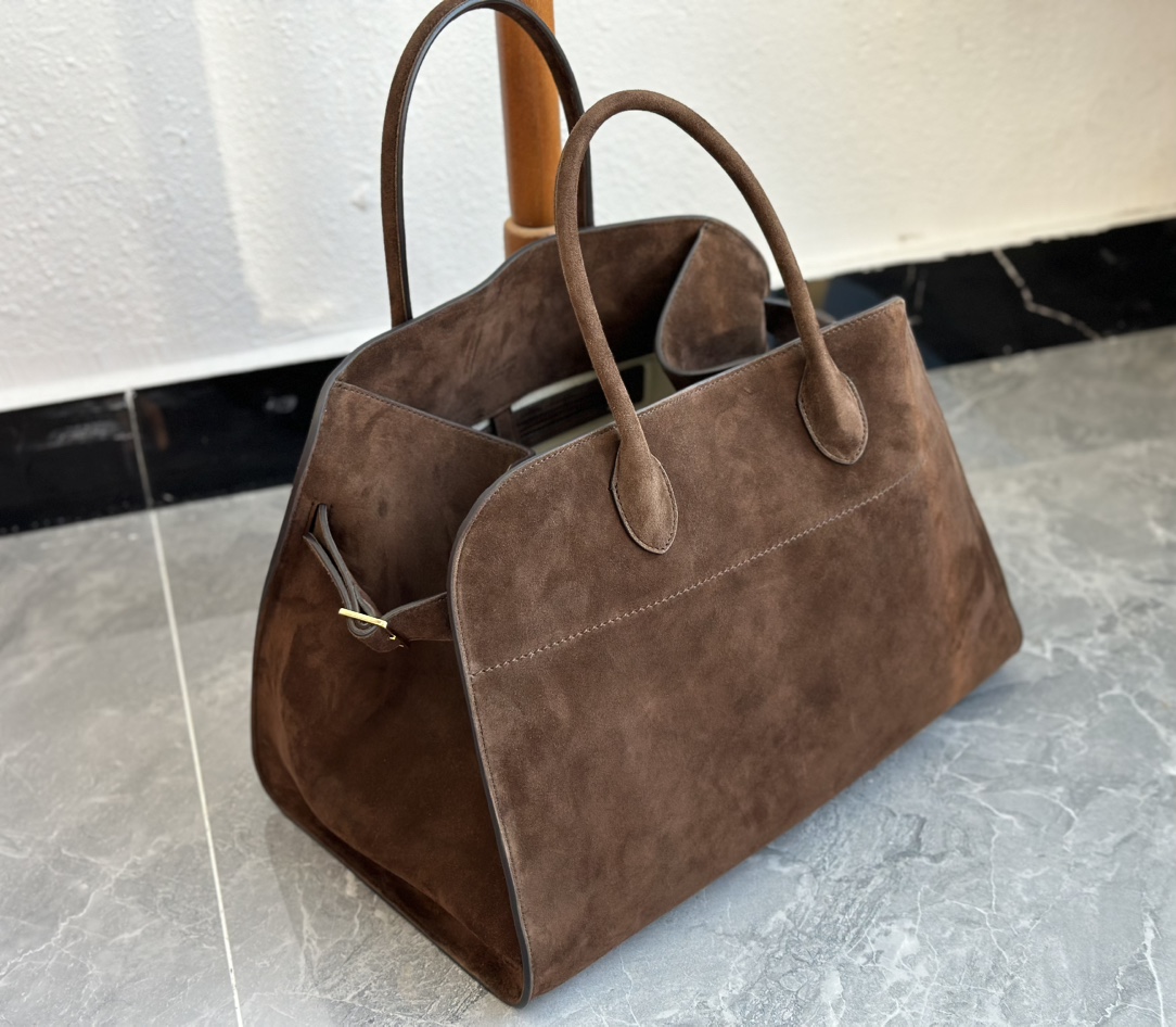 THE ROW Soft Margaux 15 Bag in Suede Mocha/Gold Hardware