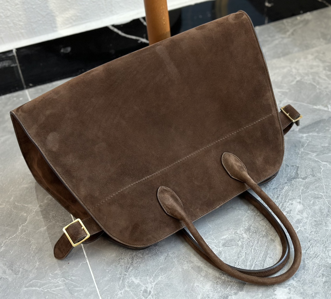 THE ROW Soft Margaux 15 Bag in Suede Mocha/Gold Hardware