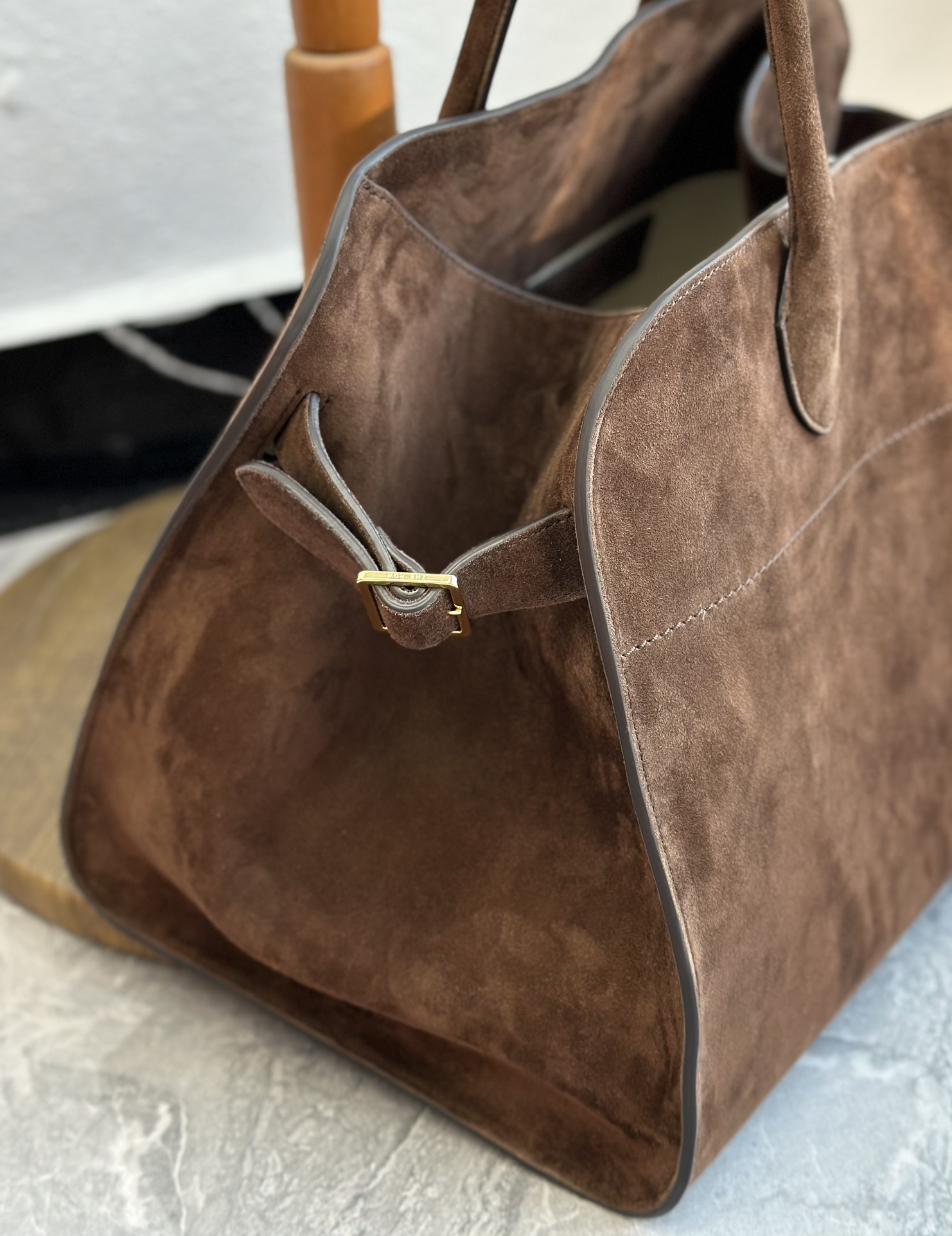 THE ROW Soft Margaux 15 Bag in Suede Mocha/Gold Hardware