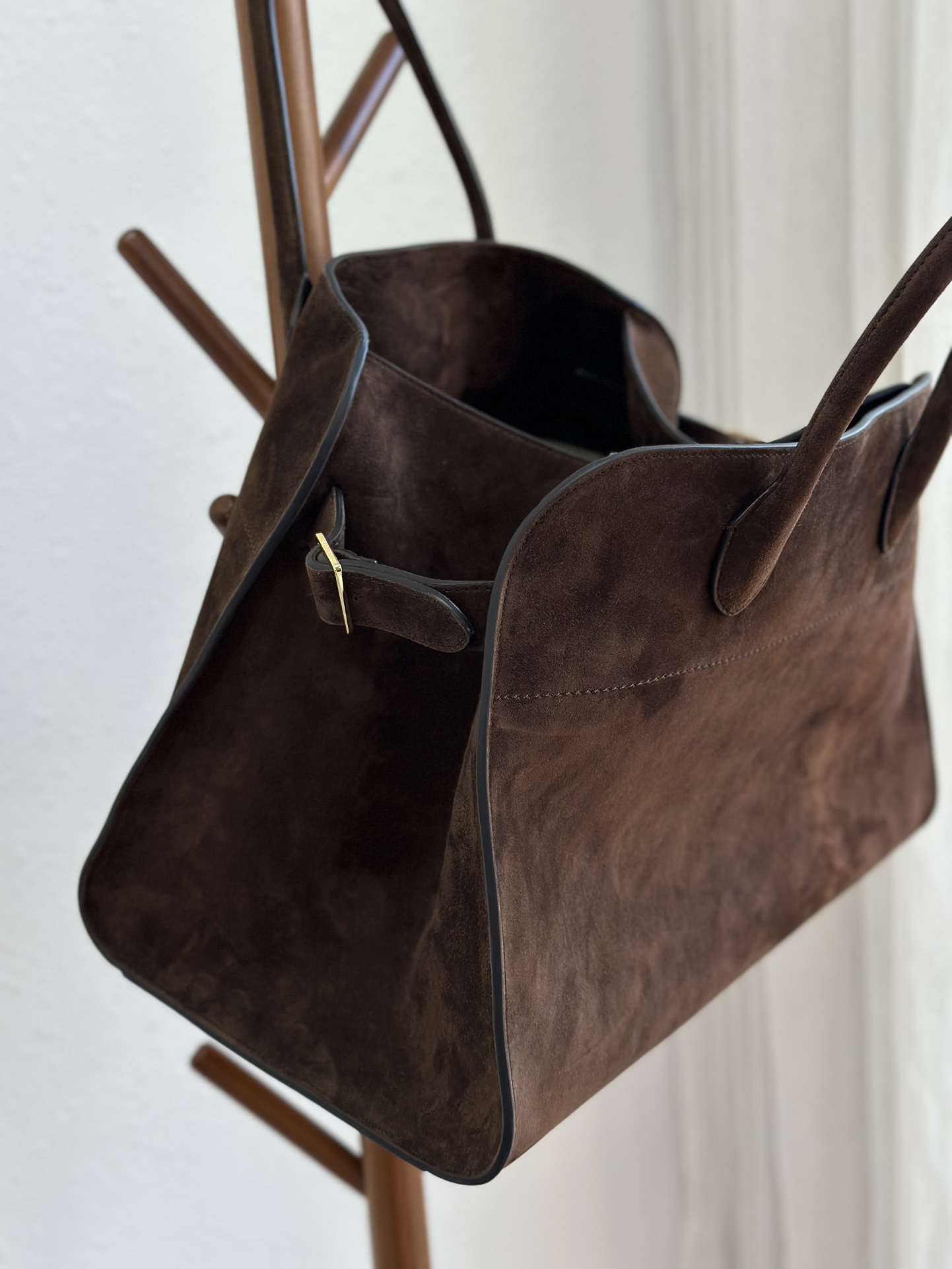 THE ROW Soft Margaux 15 Bag in Suede Mocha/Gold Hardware