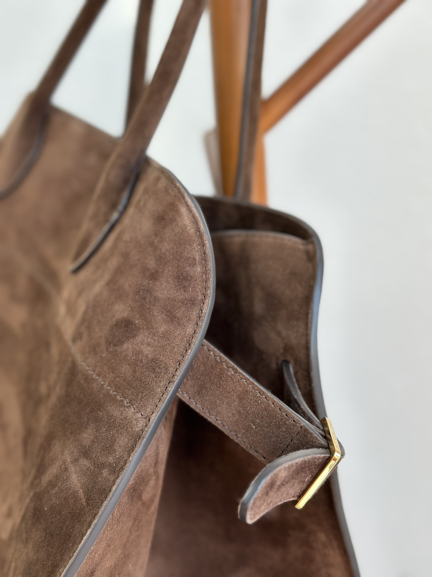 THE ROW Soft Margaux 15 Bag in Suede Mocha/Gold Hardware