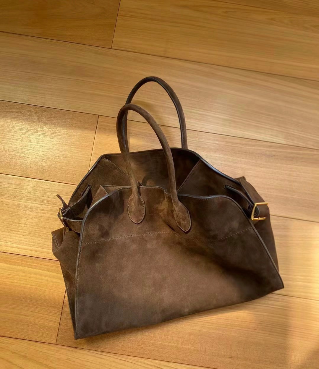 THE ROW Soft Margaux 15 Bag in Suede Mocha/Gold Hardware