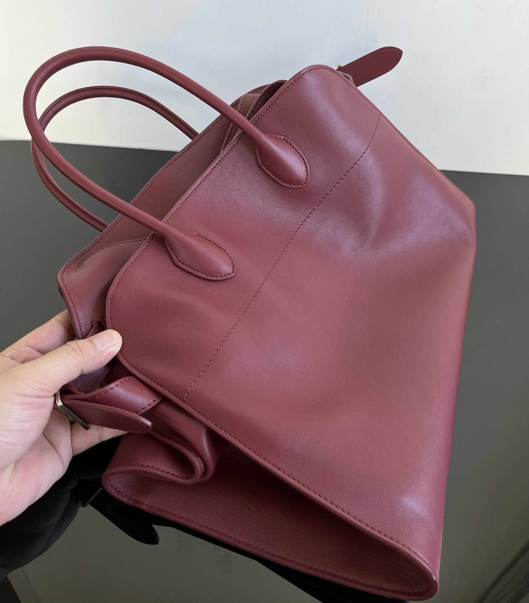 THE ROW Soft Margaux 15 Bag in Leather Burgundy/Silver Hardware