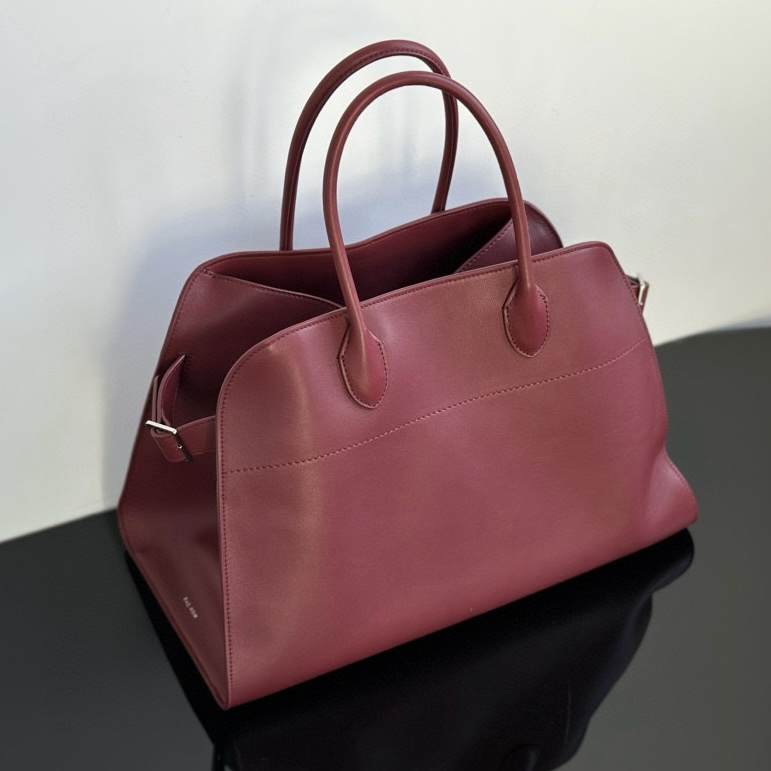 THE ROW Soft Margaux 15 Bag in Leather Burgundy/Silver Hardware