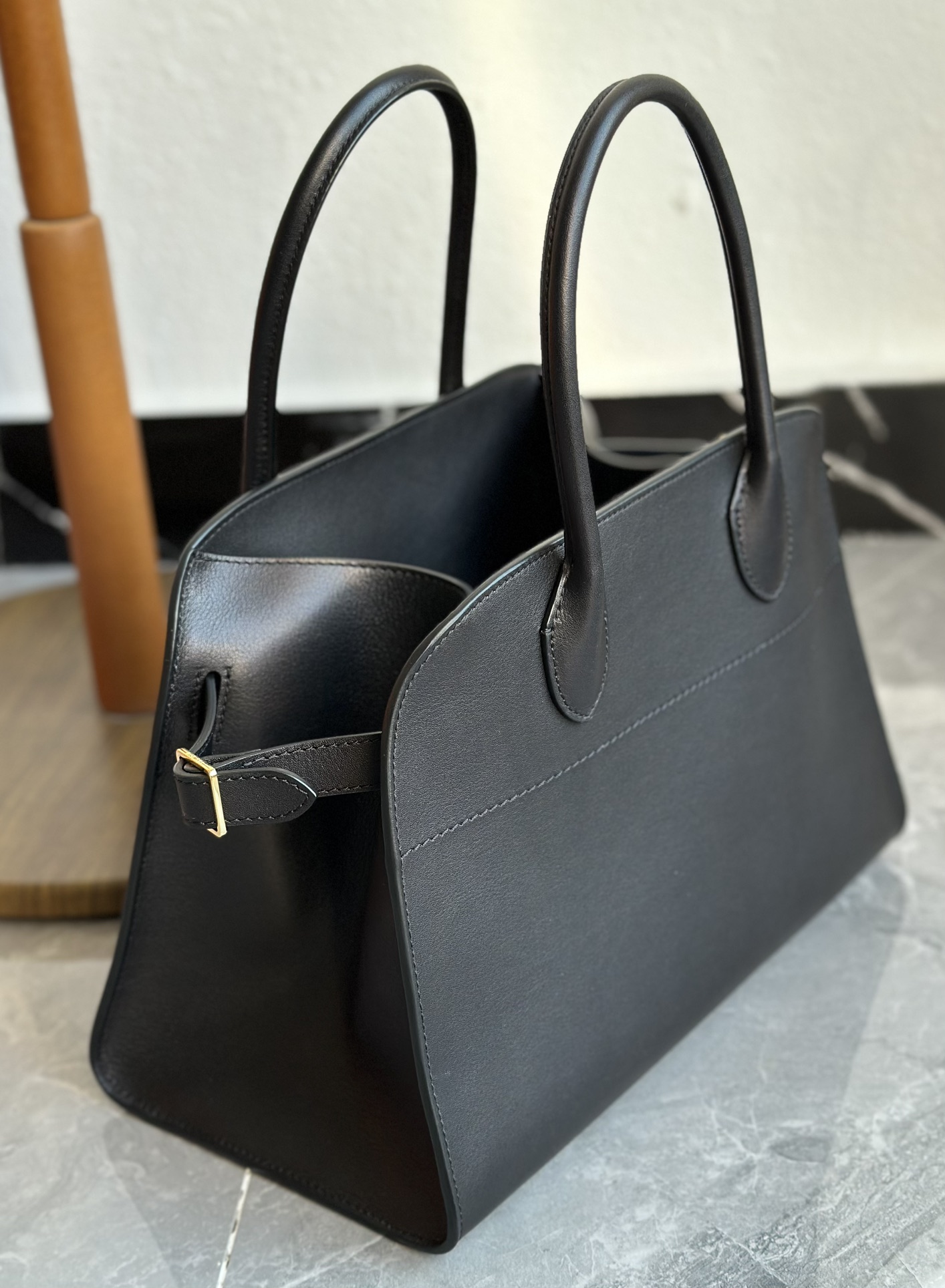 THE ROW Soft Margaux 12 Bag in Leather Black/Gold Hardware