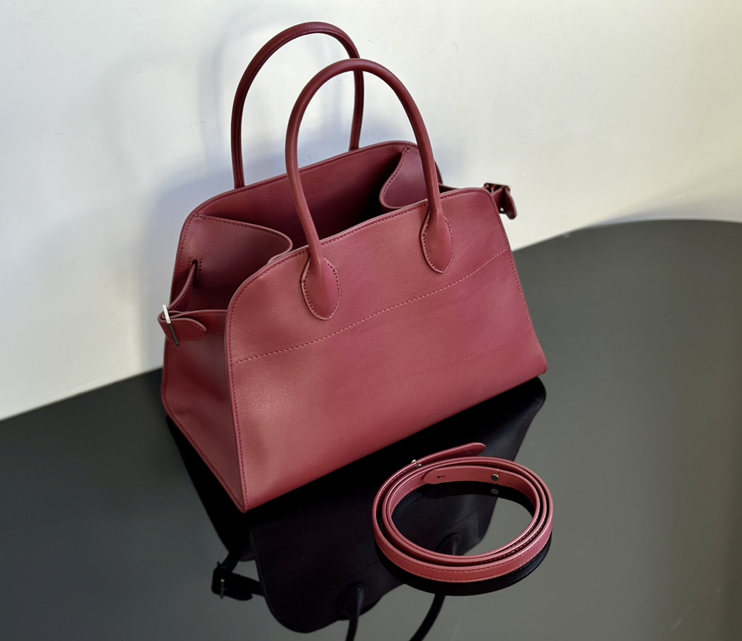 THE ROW Soft Margaux 12 Bag in Leather Burgundy/Silver Hardware