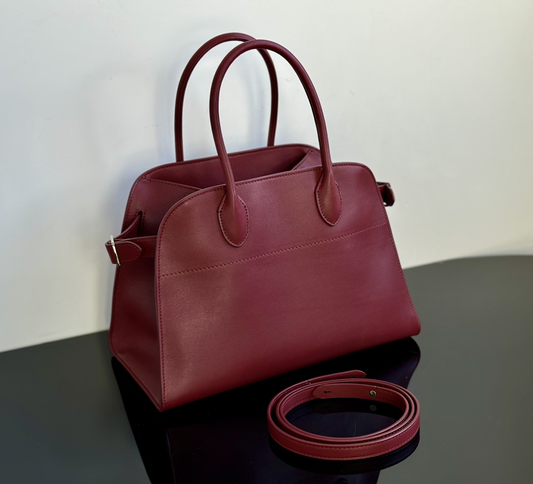 THE ROW Soft Margaux 12 Bag in Leather Burgundy/Silver Hardware