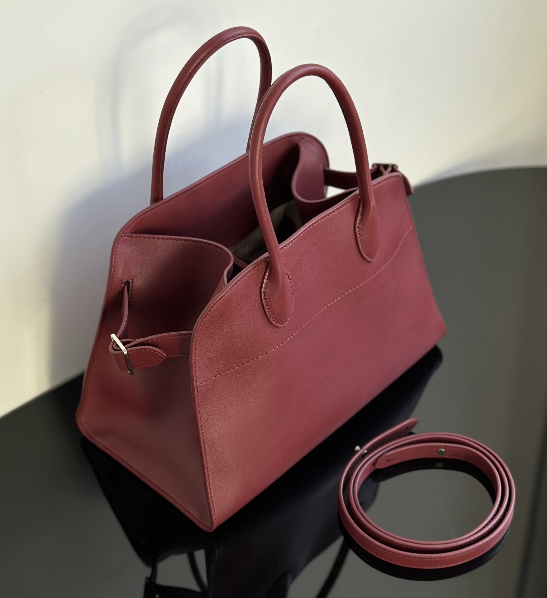 THE ROW Soft Margaux 12 Bag in Leather Burgundy/Silver Hardware