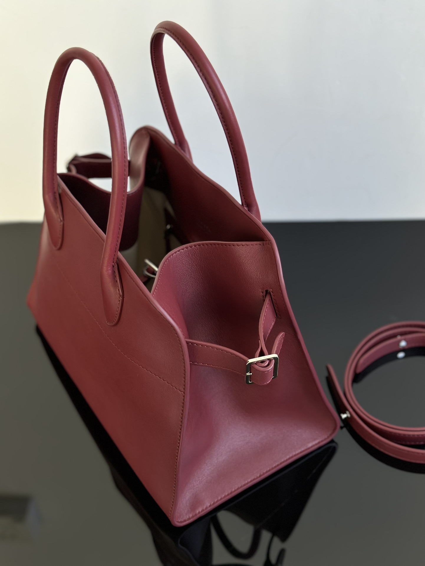 THE ROW Soft Margaux 12 Bag in Leather Burgundy/Silver Hardware