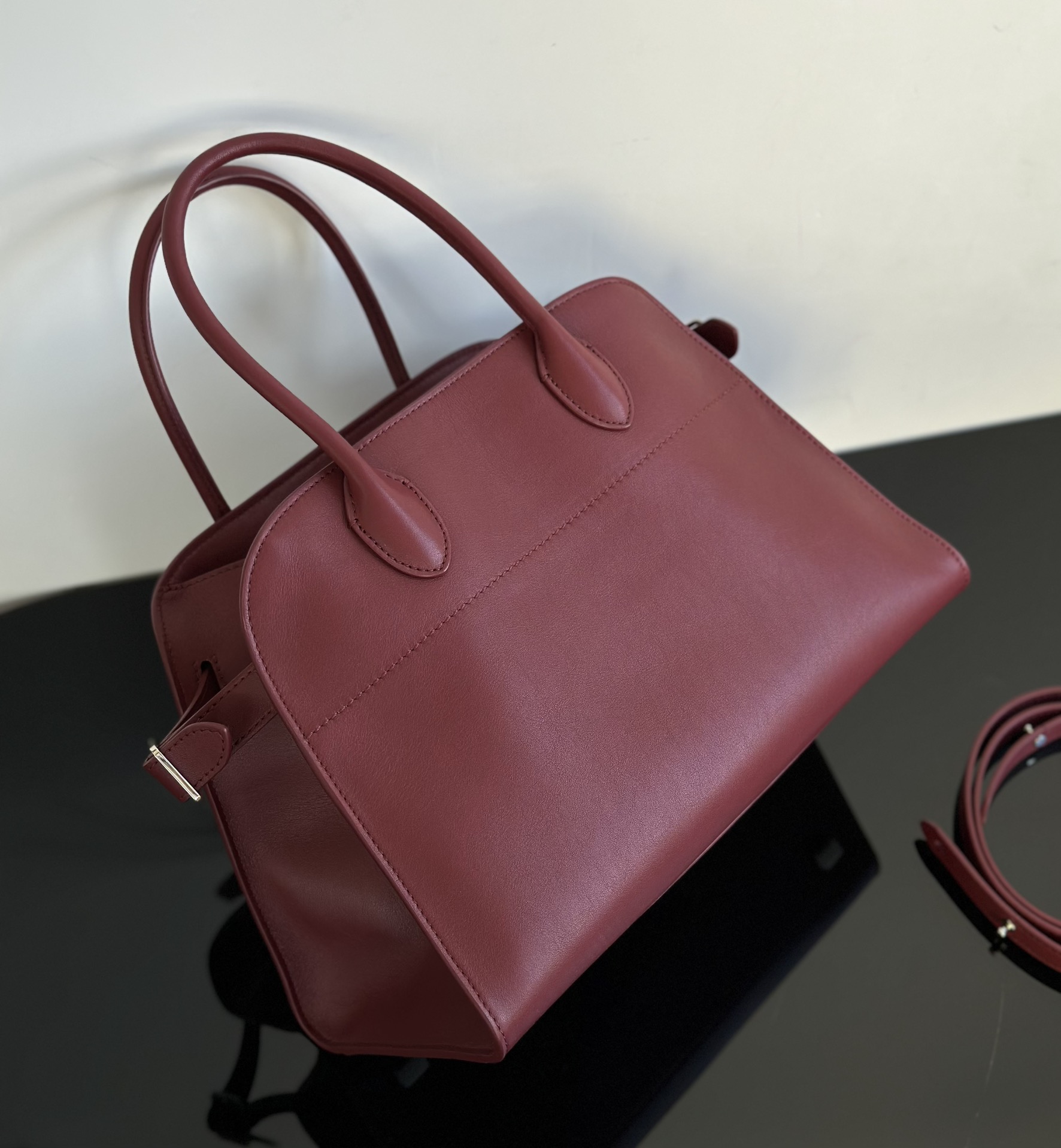 THE ROW Soft Margaux 12 Bag in Leather Burgundy/Silver Hardware