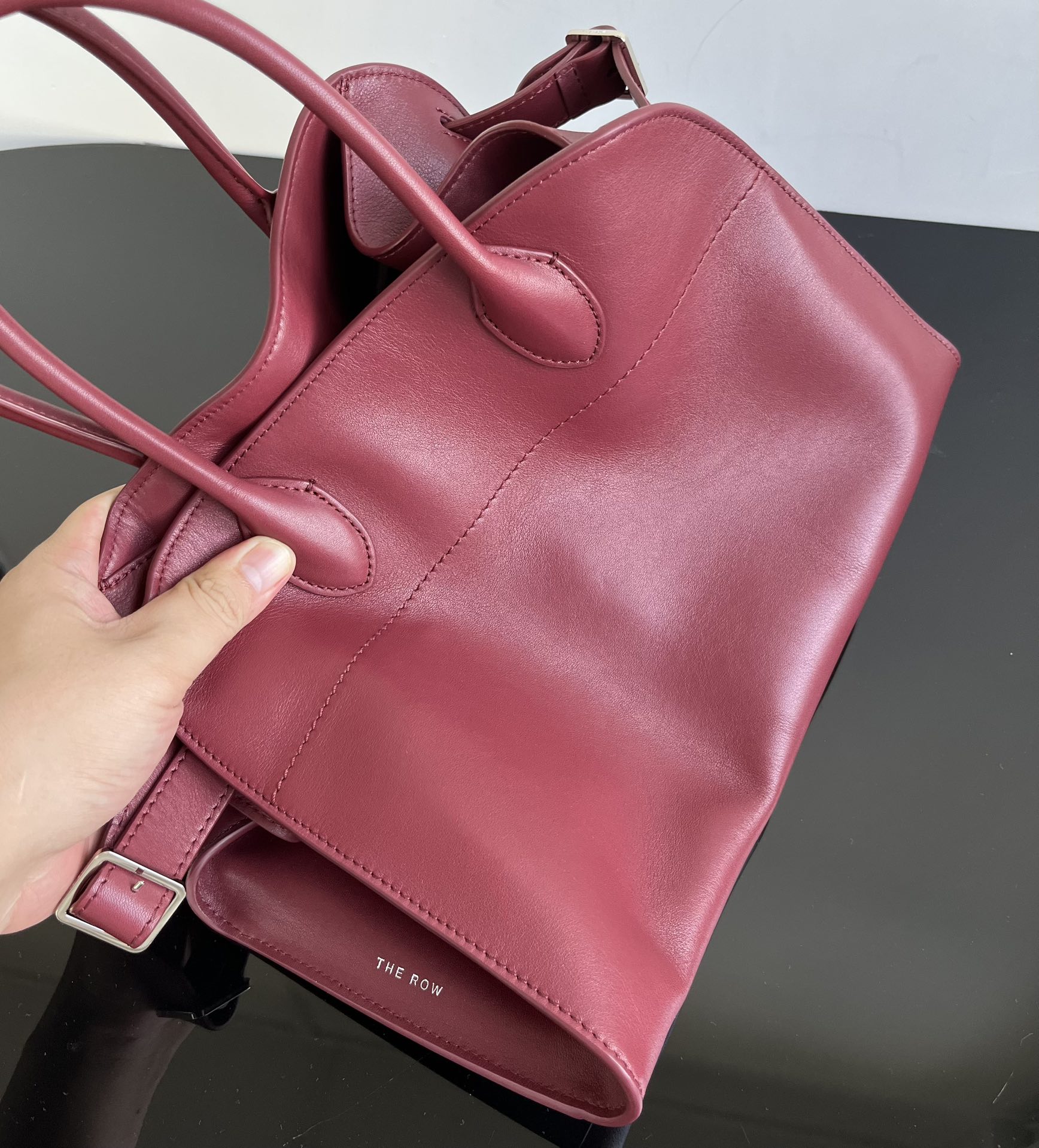 THE ROW Soft Margaux 12 Bag in Leather Burgundy/Silver Hardware