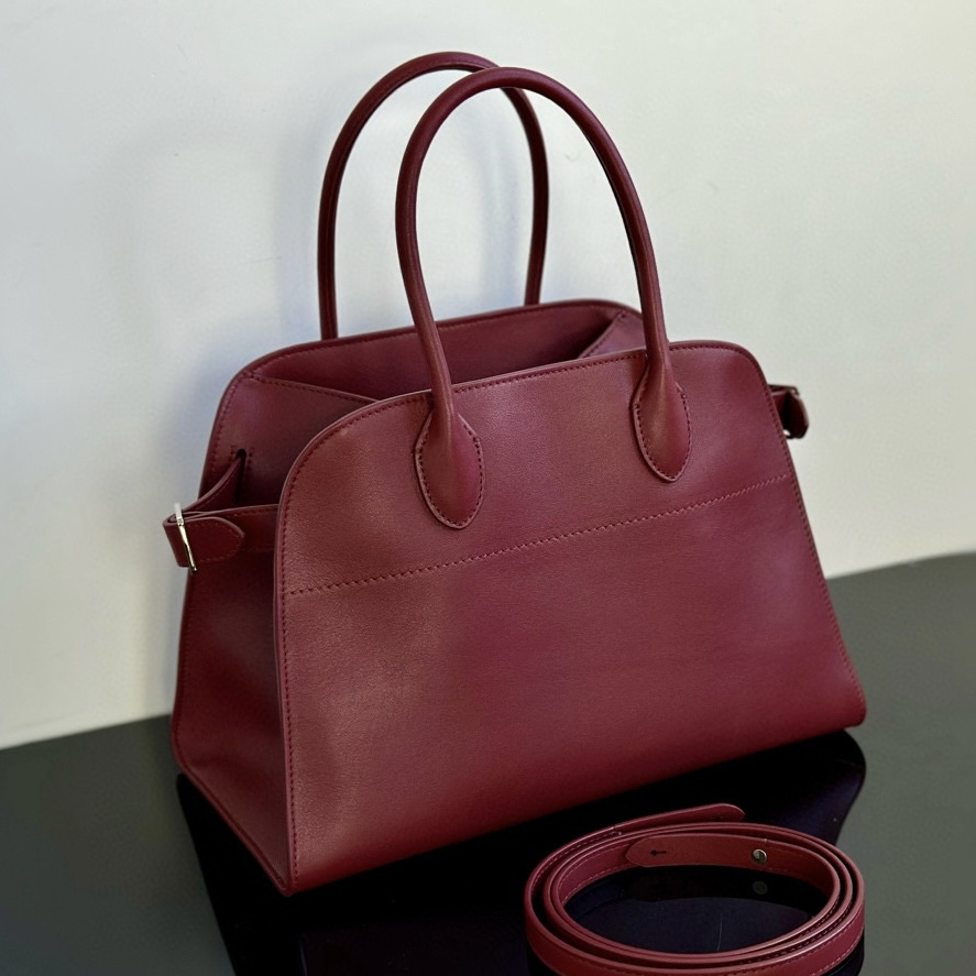 THE ROW Soft Margaux 12 Bag in Leather Burgundy/Silver Hardware